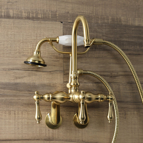 Aqua Vintage AE301T7 Three-Handle 2-Hole Tub Wall Mount Clawfoot Tub Faucet with Hand Shower, Brushed Brass