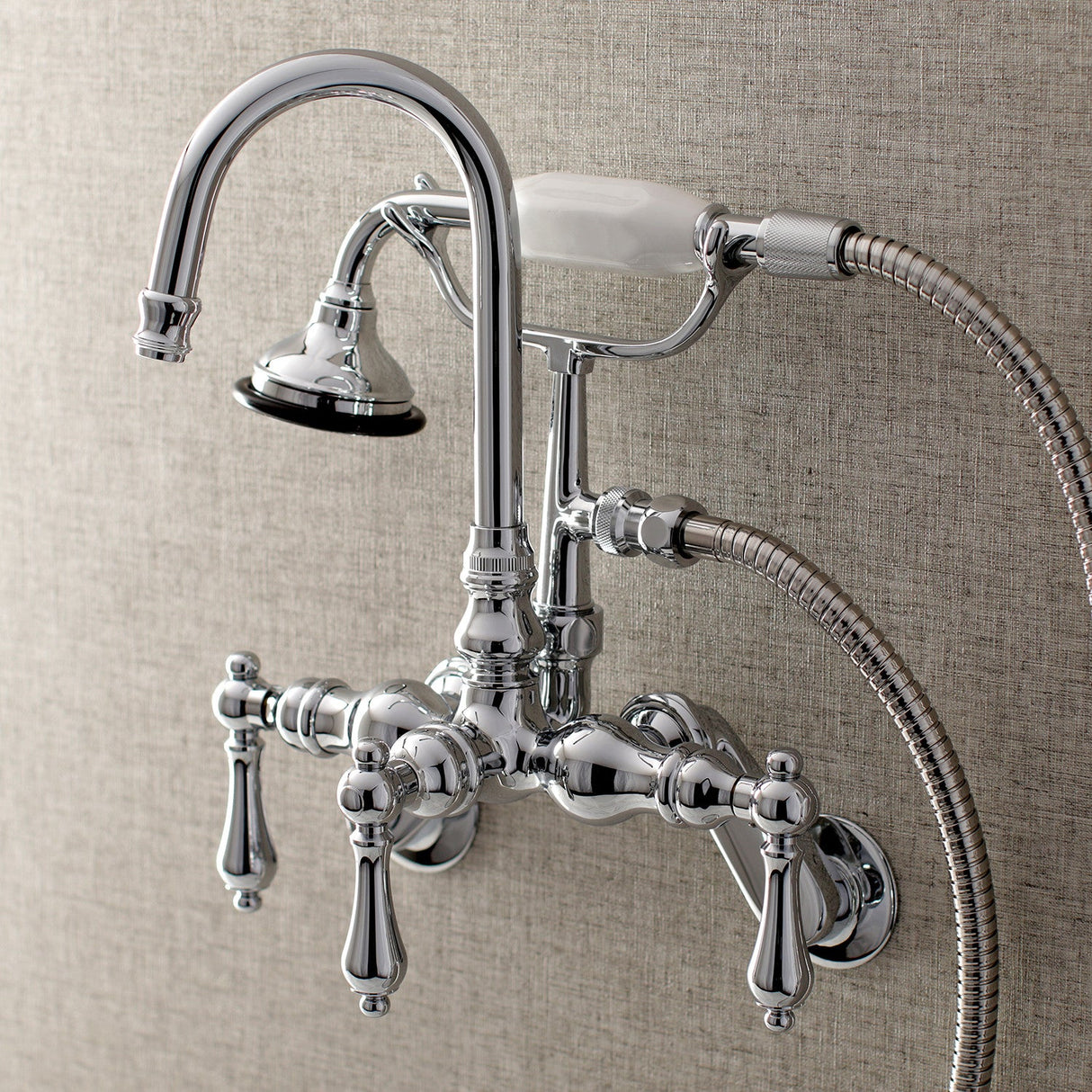 Aqua Vintage AE302T1 Three-Handle 2-Hole Tub Wall Mount Clawfoot Tub Faucet with Hand Shower, Polished Chrome