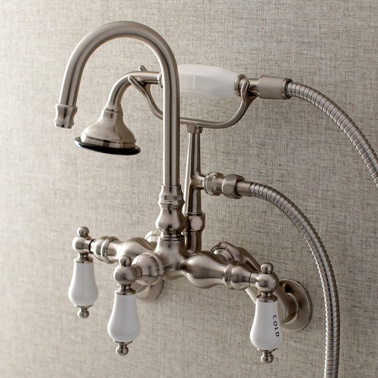 Aqua Vintage AE303T8 Three-Handle 2-Hole Tub Wall Mount Clawfoot Tub Faucet with Hand Shower, Brushed Nickel