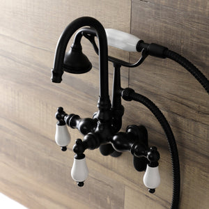 Aqua Vintage AE305T0 Three-Handle 2-Hole Tub Wall Mount Clawfoot Tub Faucet with Hand Shower, Matte Black