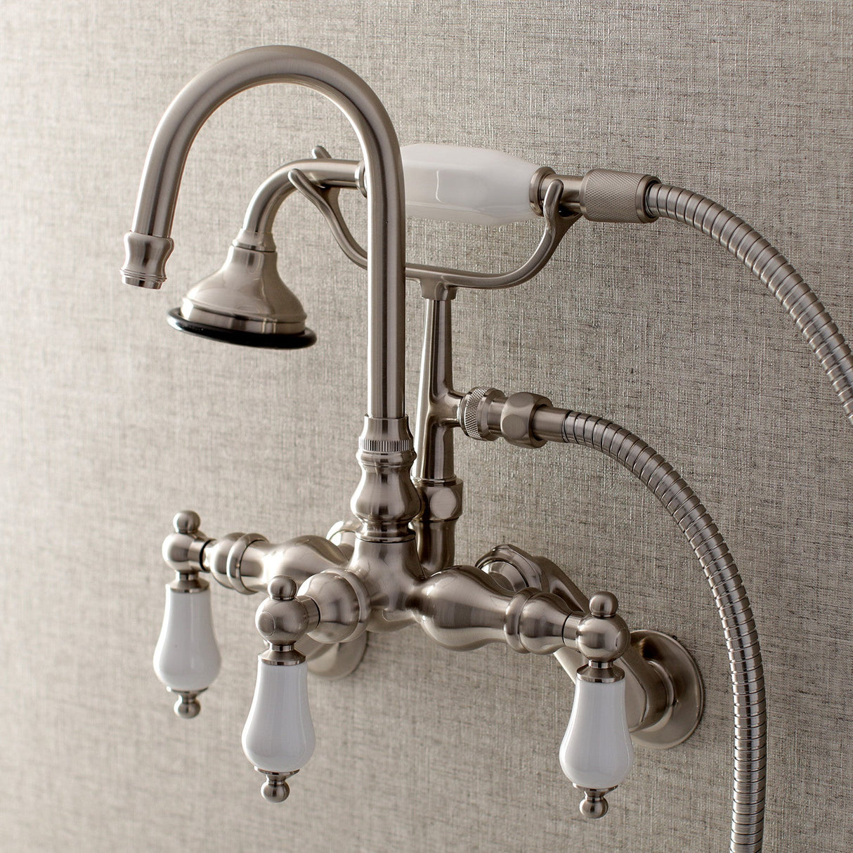 Aqua Vintage AE305T8 Three-Handle 2-Hole Tub Wall Mount Clawfoot Tub Faucet with Hand Shower, Brushed Nickel