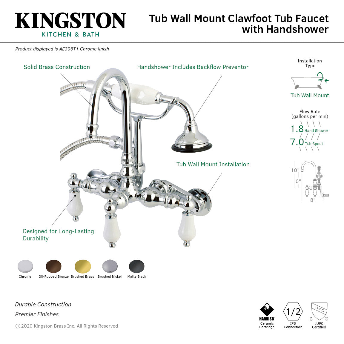 Aqua Vintage AE306T1 Three-Handle 2-Hole Tub Wall Mount Clawfoot Tub Faucet with Hand Shower, Polished Chrome