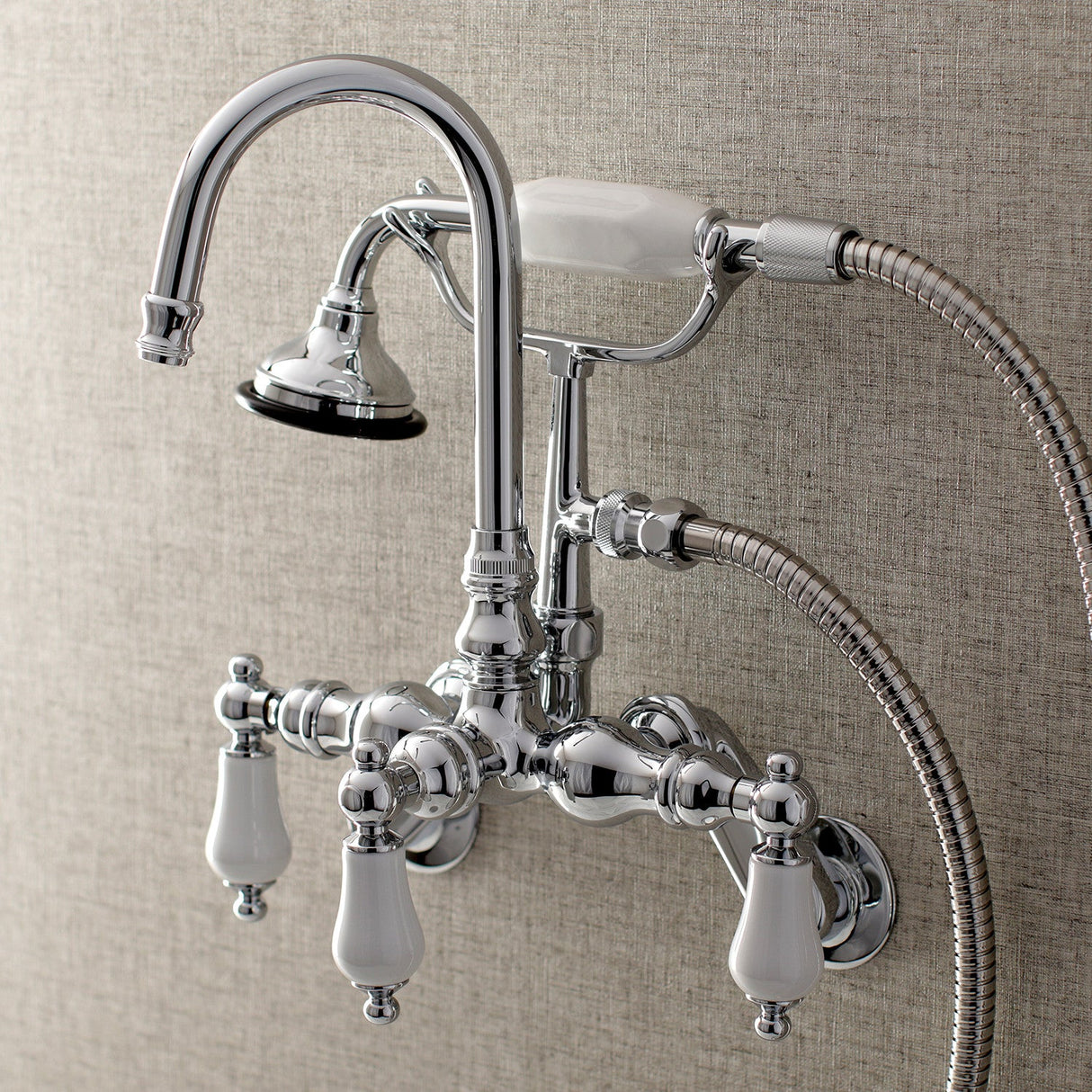 Aqua Vintage AE306T1 Three-Handle 2-Hole Tub Wall Mount Clawfoot Tub Faucet with Hand Shower, Polished Chrome