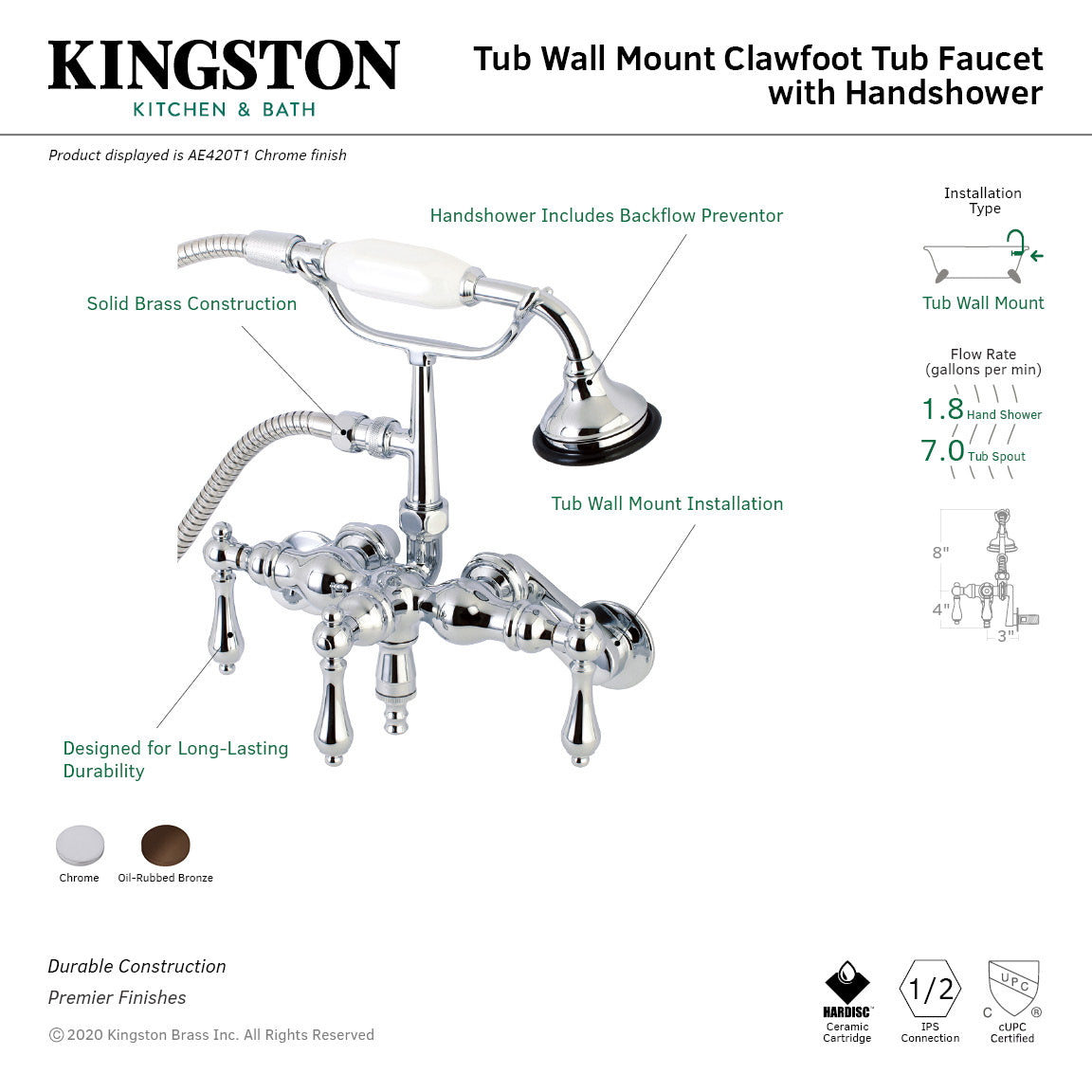Vintage AE420T1 Three-Handle 2-Hole Tub Wall Mount Clawfoot Tub Faucet with Hand Shower, Polished Chrome