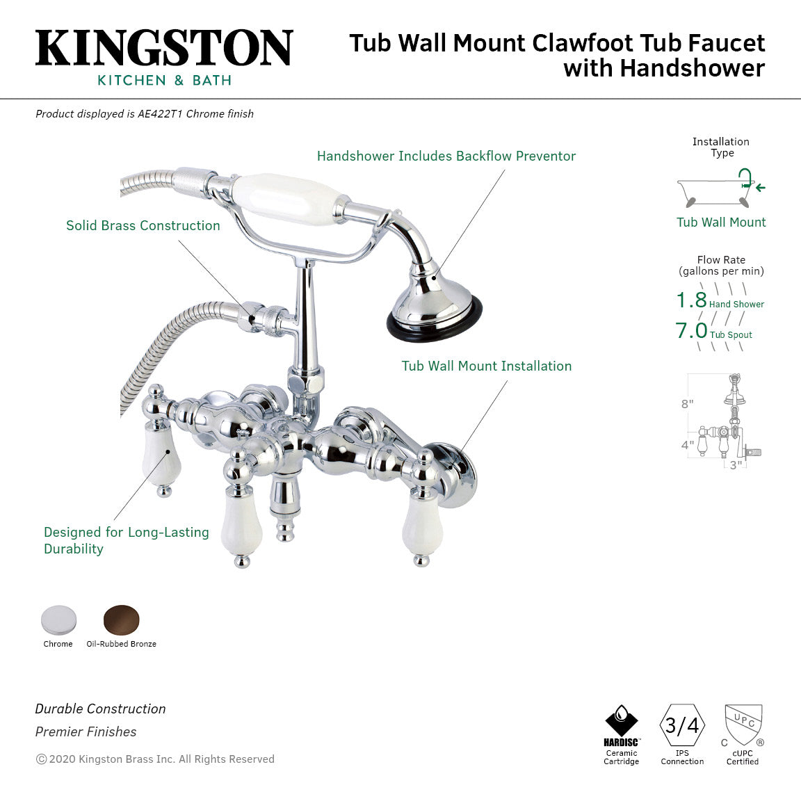 Vintage AE421T5 Three-Handle 2-Hole Tub Wall Mount Clawfoot Tub Faucet with Hand Shower, Oil Rubbed Bronze