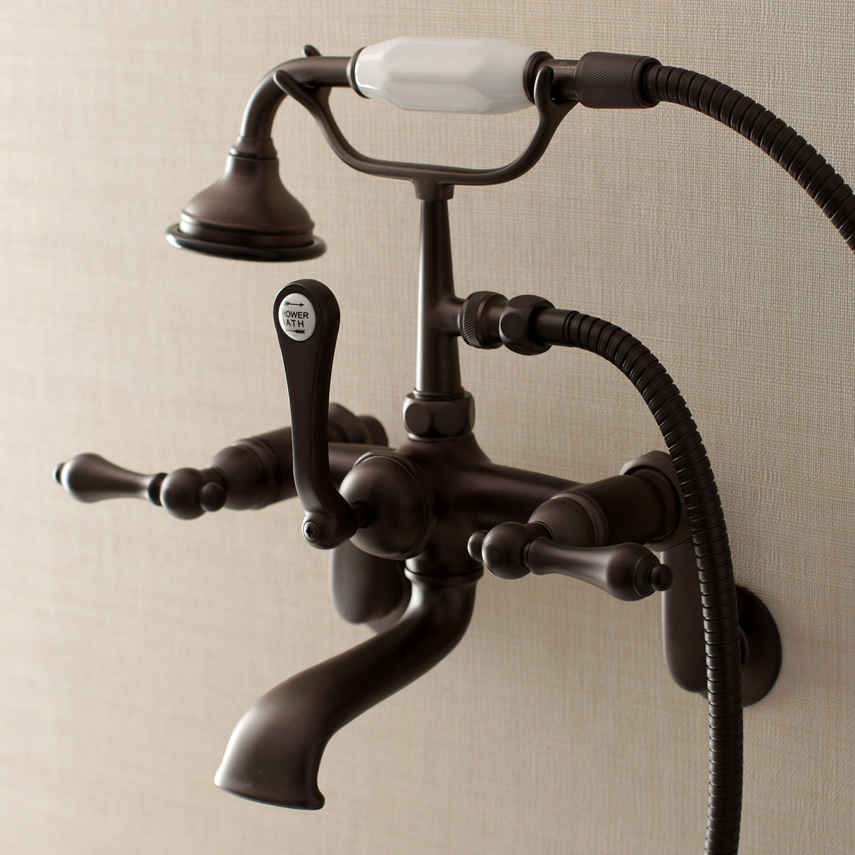 Aqua Vintage AE51T5 Three-Handle 2-Hole Tub Wall Mount Clawfoot Tub Faucet with Hand Shower, Oil Rubbed Bronze