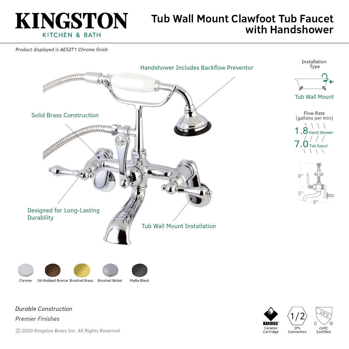 Aqua Vintage AE51T7 Three-Handle 2-Hole Tub Wall Mount Clawfoot Tub Faucet with Hand Shower, Brushed Brass