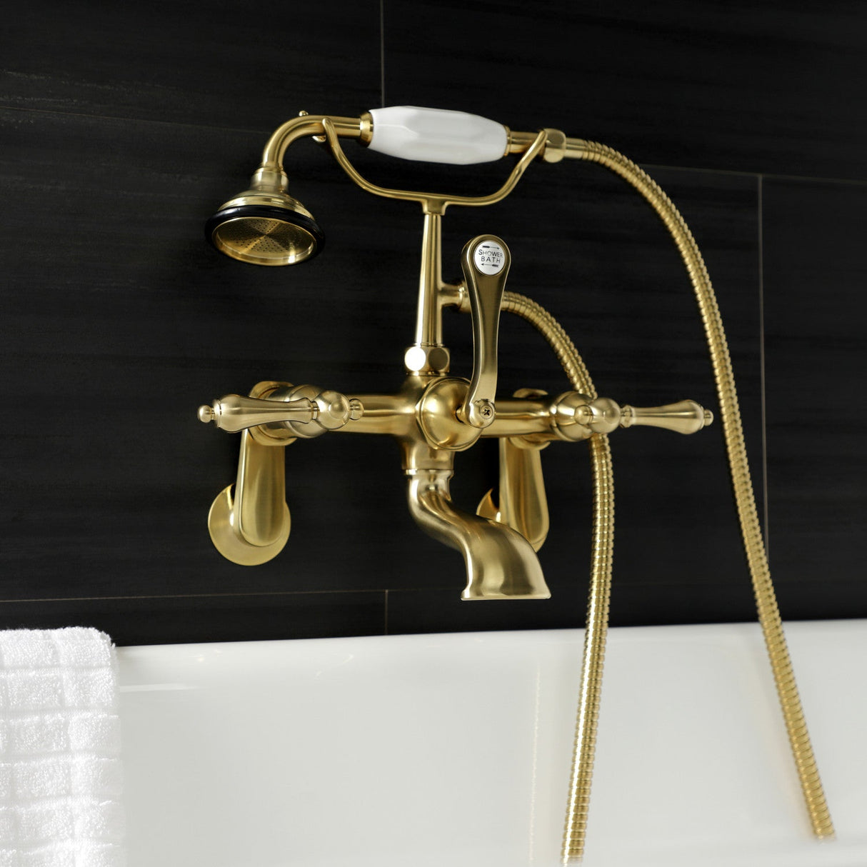 Aqua Vintage AE51T7 Three-Handle 2-Hole Tub Wall Mount Clawfoot Tub Faucet with Hand Shower, Brushed Brass