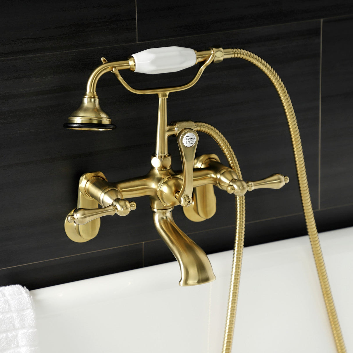 Aqua Vintage AE51T7 Three-Handle 2-Hole Tub Wall Mount Clawfoot Tub Faucet with Hand Shower, Brushed Brass