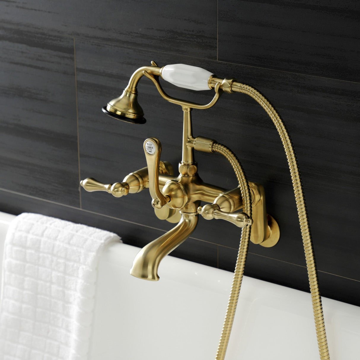 Aqua Vintage AE51T7 Three-Handle 2-Hole Tub Wall Mount Clawfoot Tub Faucet with Hand Shower, Brushed Brass