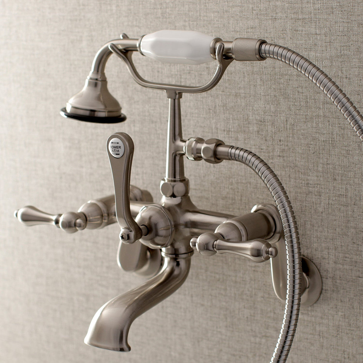Aqua Vintage AE51T8 Three-Handle 2-Hole Tub Wall Mount Clawfoot Tub Faucet with Hand Shower, Brushed Nickel