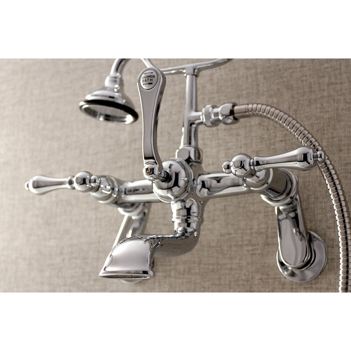 Aqua Vintage AE52T1 Three-Handle 2-Hole Tub Wall Mount Clawfoot Tub Faucet with Hand Shower, Polished Chrome