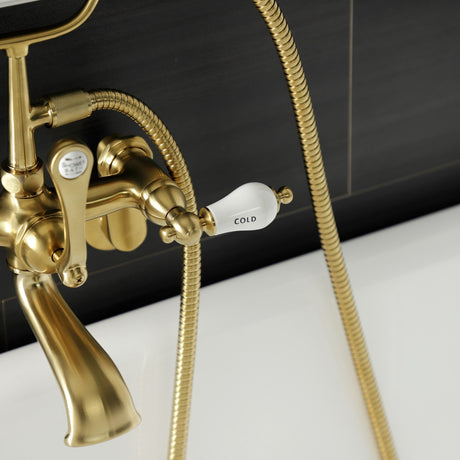 Aqua Vintage AE53T7 Three-Handle 2-Hole Tub Wall Mount Clawfoot Tub Faucet with Hand Shower, Brushed Brass