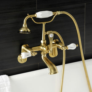 Aqua Vintage AE53T7 Three-Handle 2-Hole Tub Wall Mount Clawfoot Tub Faucet with Hand Shower, Brushed Brass