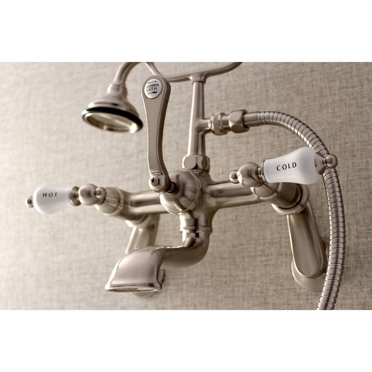 Aqua Vintage AE53T8 Three-Handle 2-Hole Tub Wall Mount Clawfoot Tub Faucet with Hand Shower, Brushed Nickel