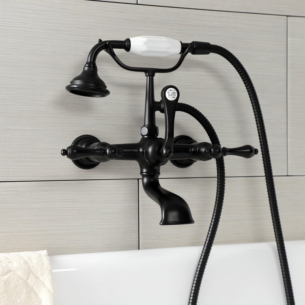 Aqua Vintage AE551T0 Three-Handle 2-Hole Tub Wall Mount Clawfoot Tub Faucet with Hand Shower, Matte Black