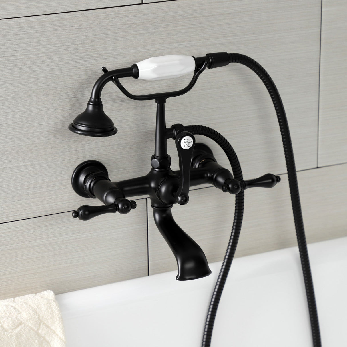 Aqua Vintage AE551T0 Three-Handle 2-Hole Tub Wall Mount Clawfoot Tub Faucet with Hand Shower, Matte Black