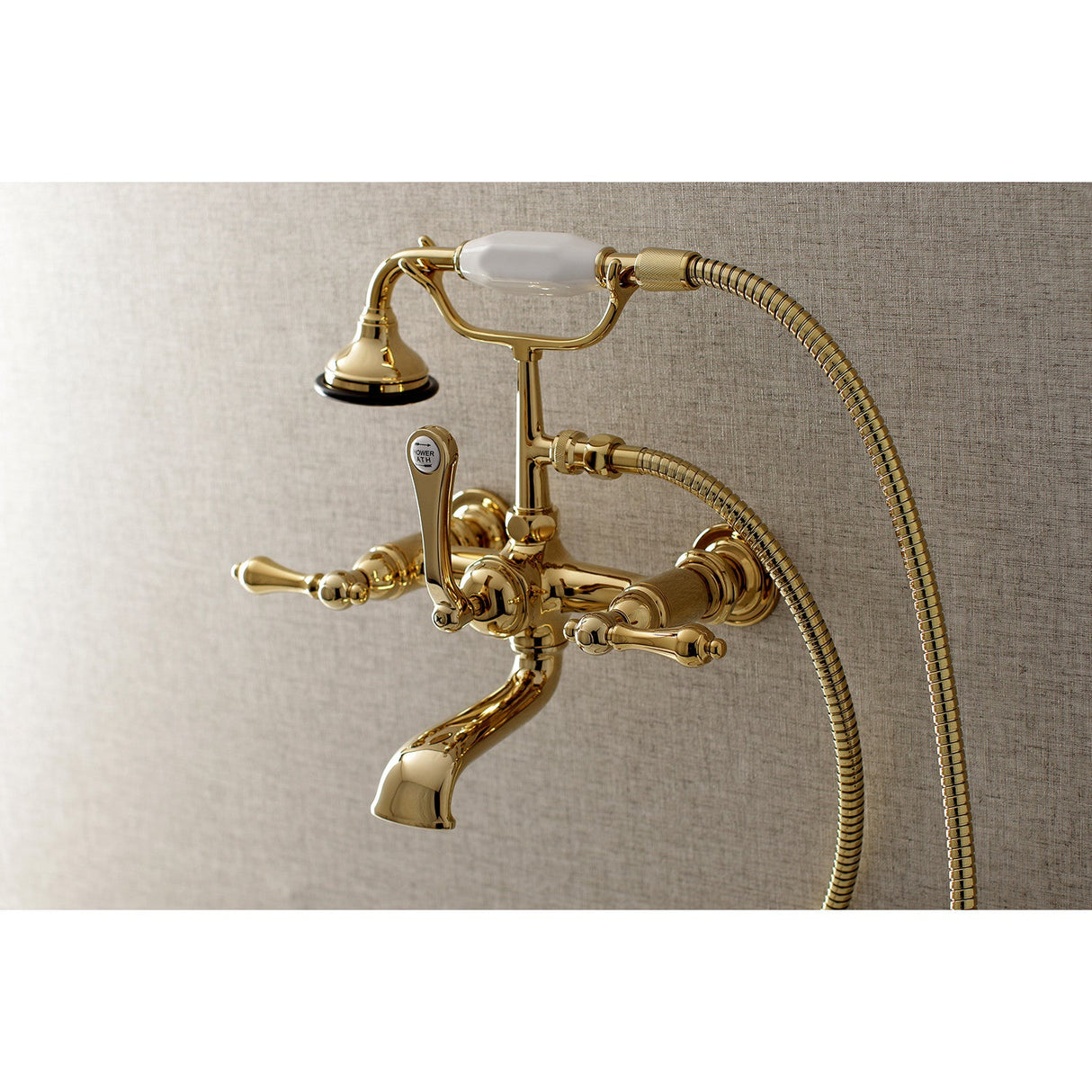 Aqua Vintage AE551T2 Three-Handle 2-Hole Tub Wall Mount Clawfoot Tub Faucet with Hand Shower, Polished Brass