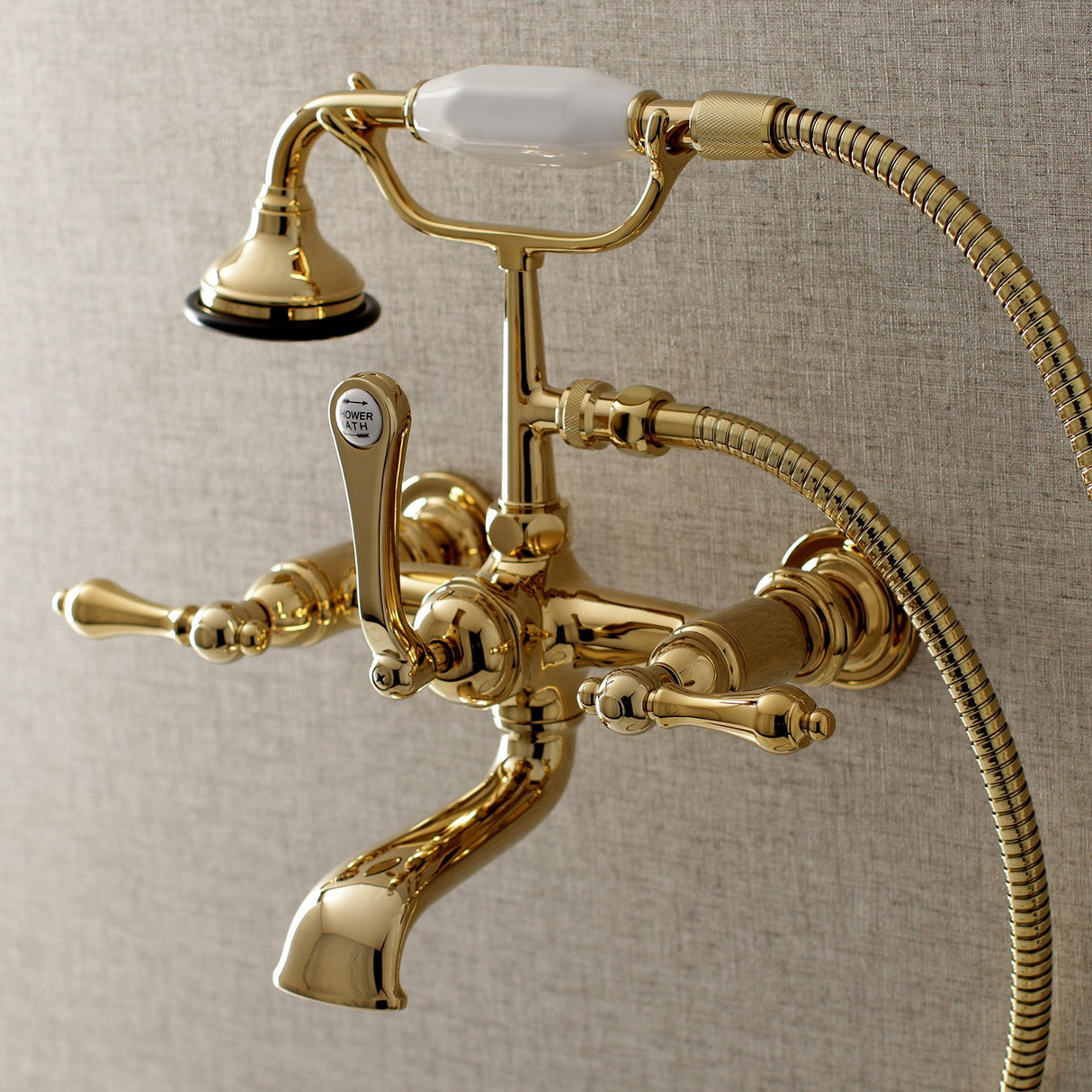 Aqua Vintage AE551T2 Three-Handle 2-Hole Tub Wall Mount Clawfoot Tub Faucet with Hand Shower, Polished Brass