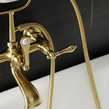 Aqua Vintage AE551T7 Three-Handle 2-Hole Tub Wall Mount Clawfoot Tub Faucet with Hand Shower, Brushed Brass
