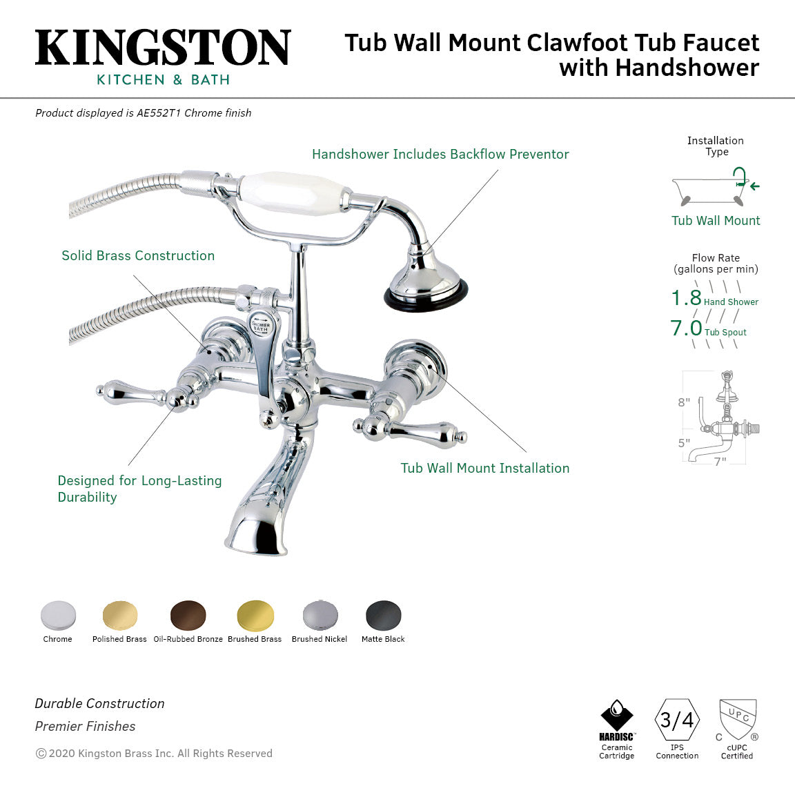 Aqua Vintage AE551T8 Three-Handle 2-Hole Tub Wall Mount Clawfoot Tub Faucet with Hand Shower, Brushed Nickel