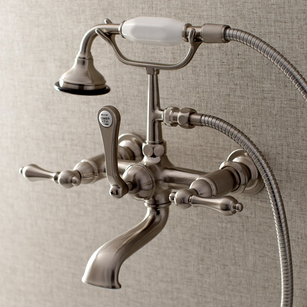 Aqua Vintage AE551T8 Three-Handle 2-Hole Tub Wall Mount Clawfoot Tub Faucet with Hand Shower, Brushed Nickel