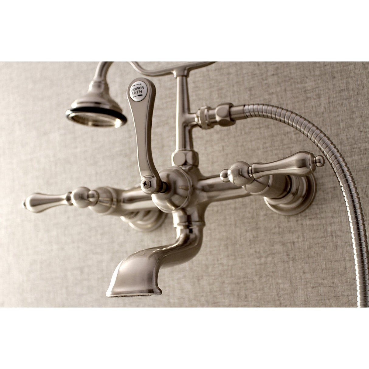 Aqua Vintage AE551T8 Three-Handle 2-Hole Tub Wall Mount Clawfoot Tub Faucet with Hand Shower, Brushed Nickel