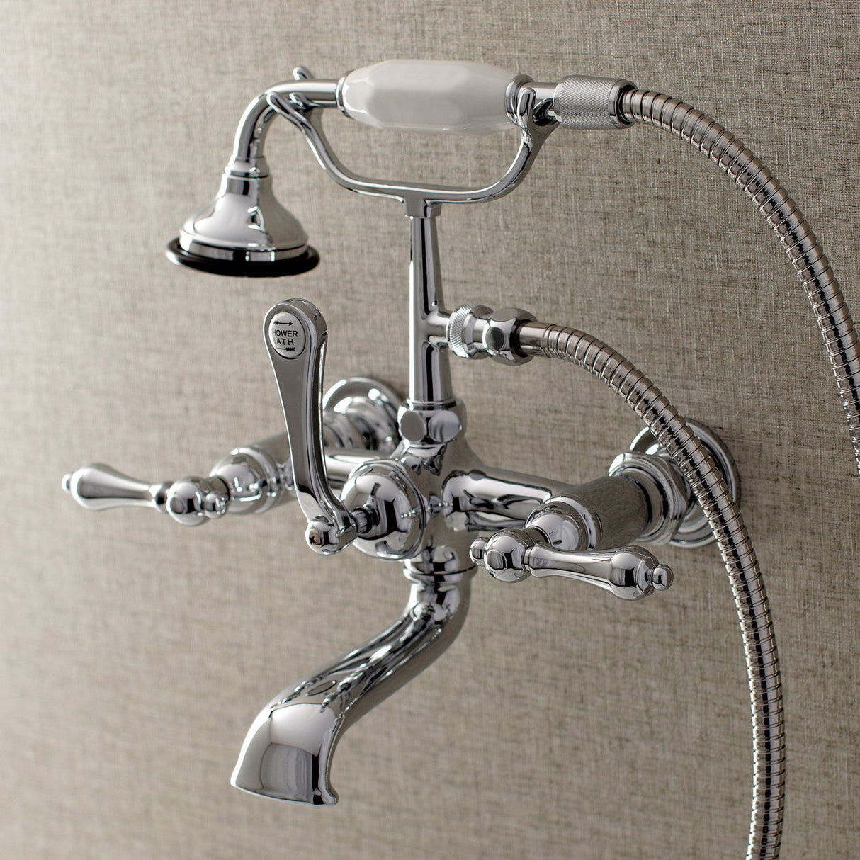 Aqua Vintage AE552T1 Three-Handle 2-Hole Tub Wall Mount Clawfoot Tub Faucet with Hand Shower, Polished Chrome