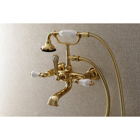 Aqua Vintage AE553T2 Three-Handle 2-Hole Tub Wall Mount Clawfoot Tub Faucet with Hand Shower, Polished Brass