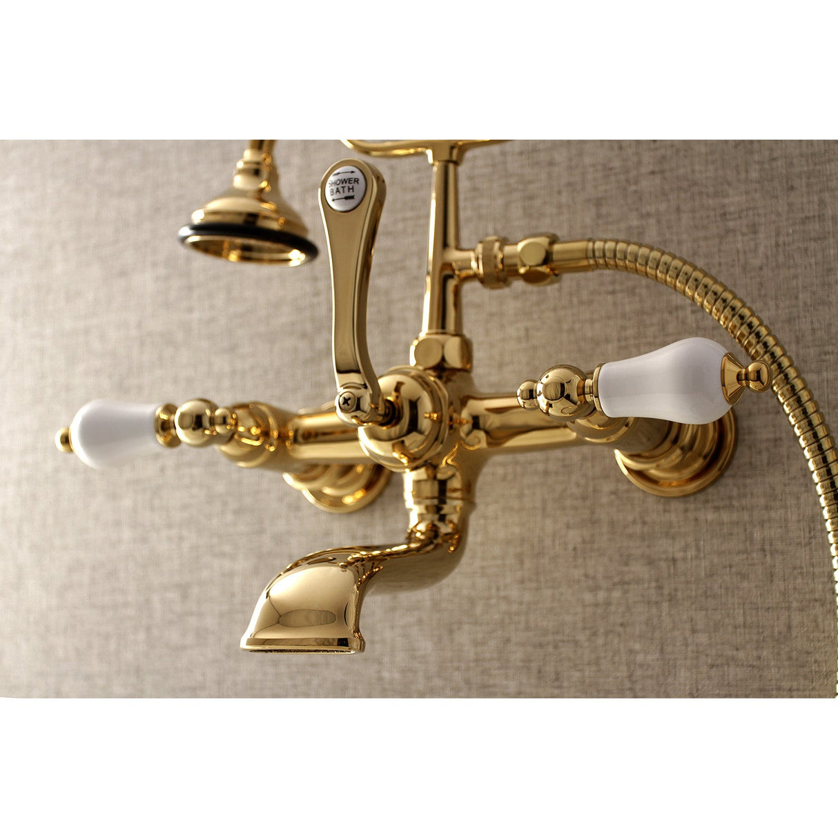 Aqua Vintage AE553T2 Three-Handle 2-Hole Tub Wall Mount Clawfoot Tub Faucet with Hand Shower, Polished Brass