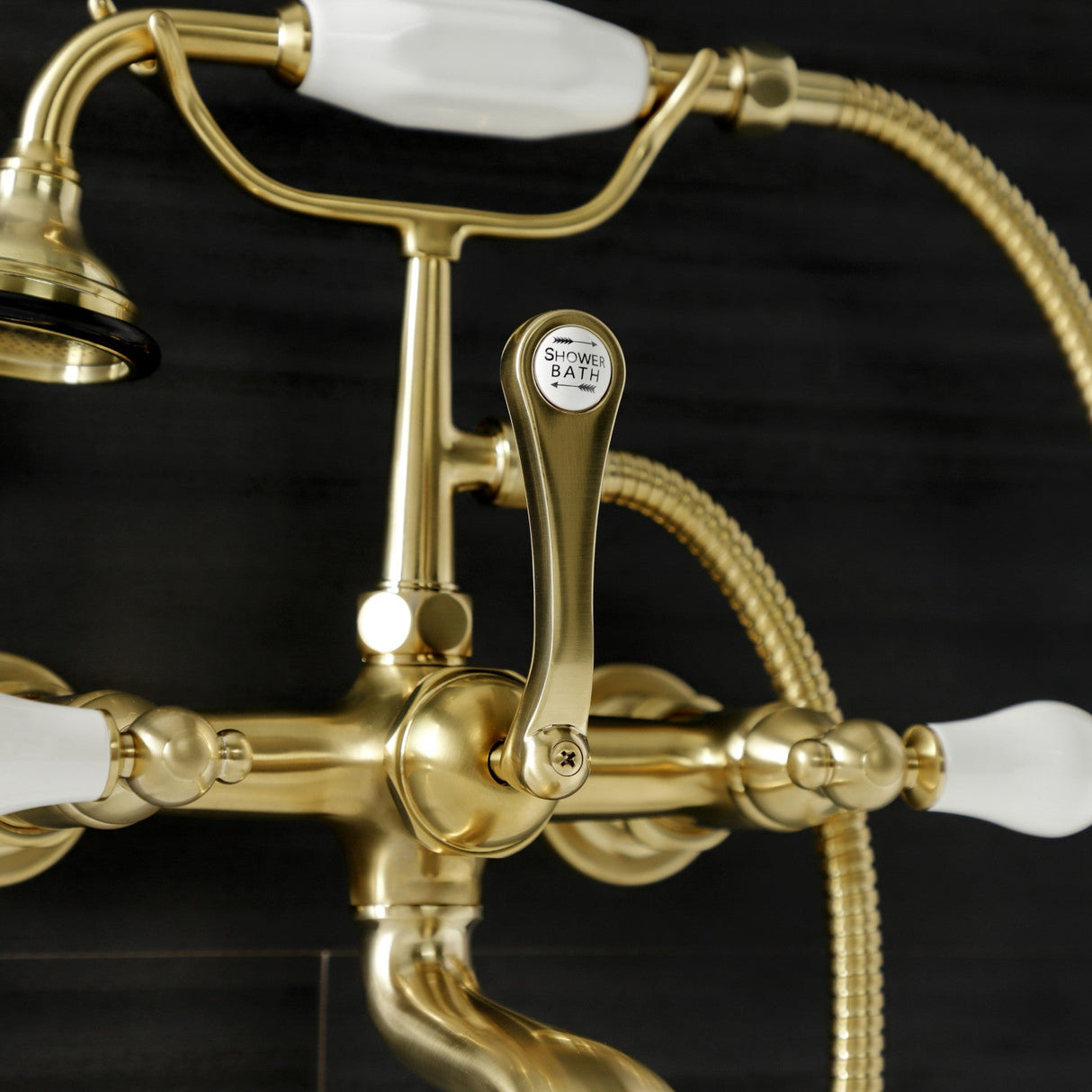 Aqua Vintage AE553T7 Three-Handle 2-Hole Tub Wall Mount Clawfoot Tub Faucet with Hand Shower, Brushed Brass