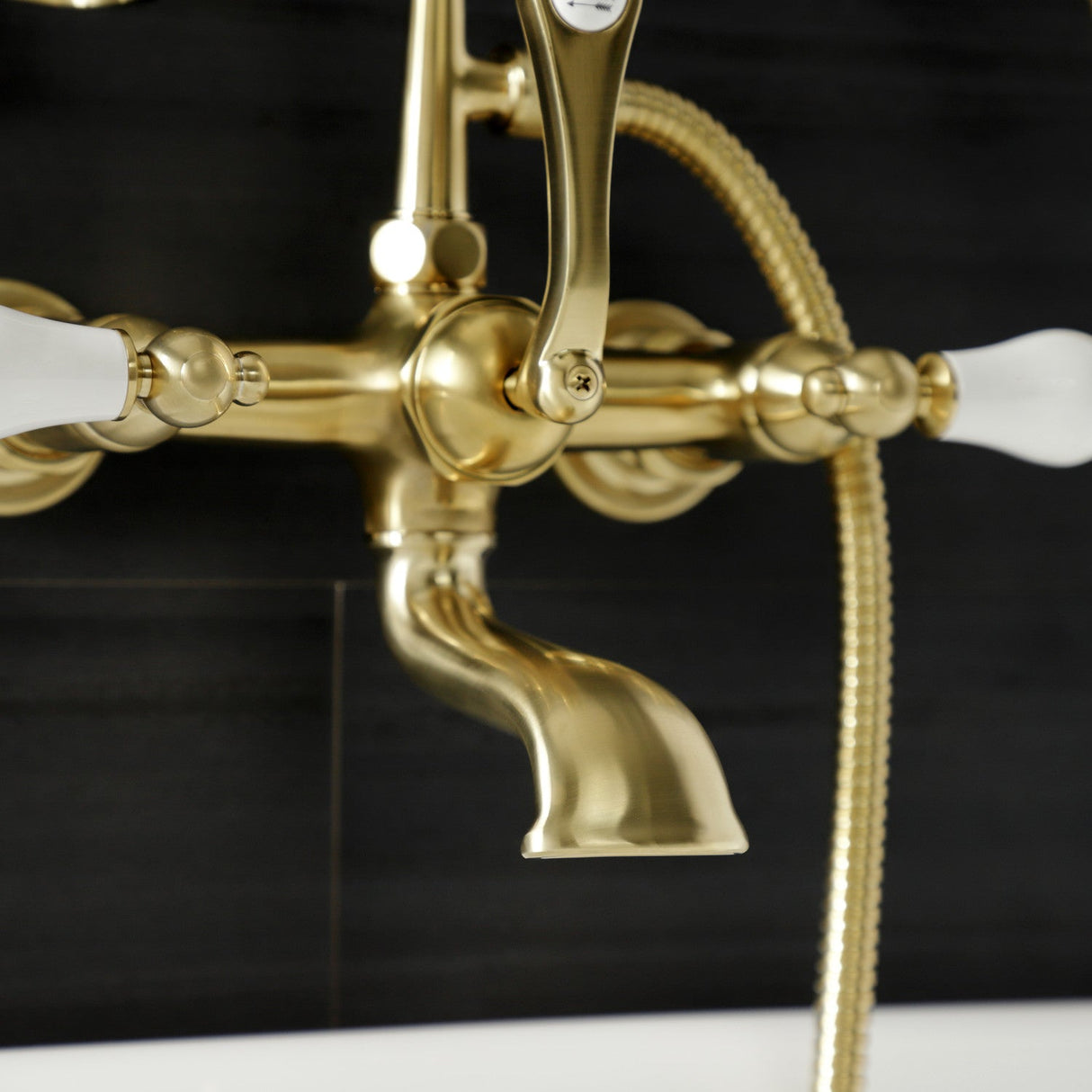 Aqua Vintage AE553T7 Three-Handle 2-Hole Tub Wall Mount Clawfoot Tub Faucet with Hand Shower, Brushed Brass