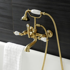 Aqua Vintage AE553T7 Three-Handle 2-Hole Tub Wall Mount Clawfoot Tub Faucet with Hand Shower, Brushed Brass