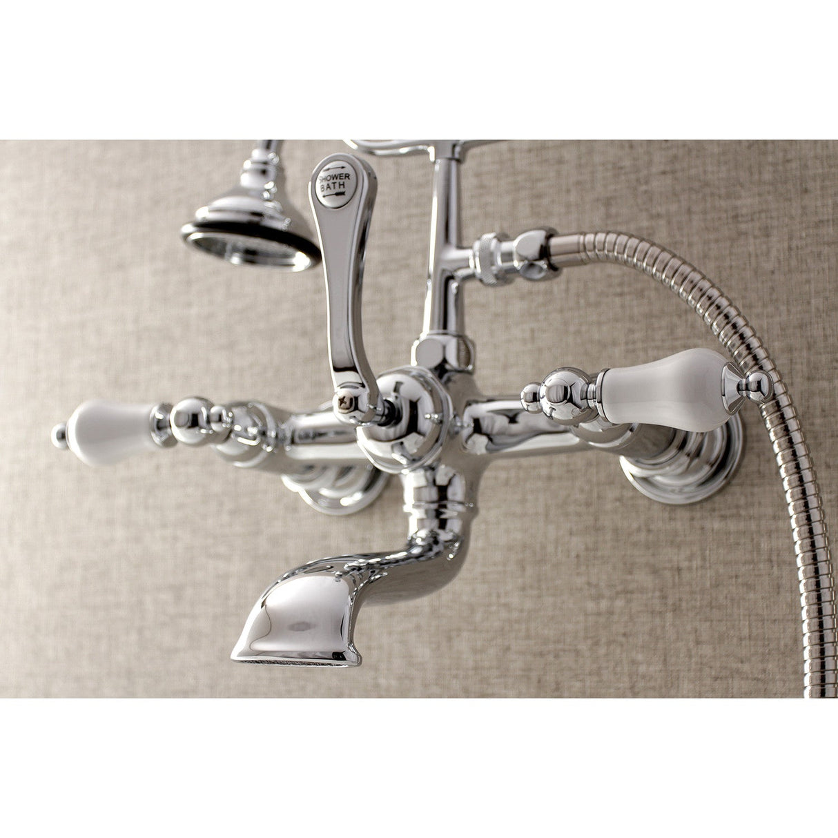 Aqua Vintage AE554T1 Three-Handle 2-Hole Tub Wall Mount Clawfoot Tub Faucet with Hand Shower, Polished Chrome