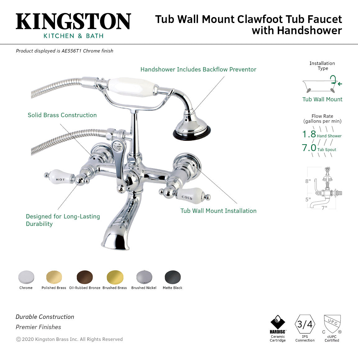 Aqua Vintage AE555T0 Three-Handle 2-Hole Tub Wall Mount Clawfoot Tub Faucet with Hand Shower, Matte Black