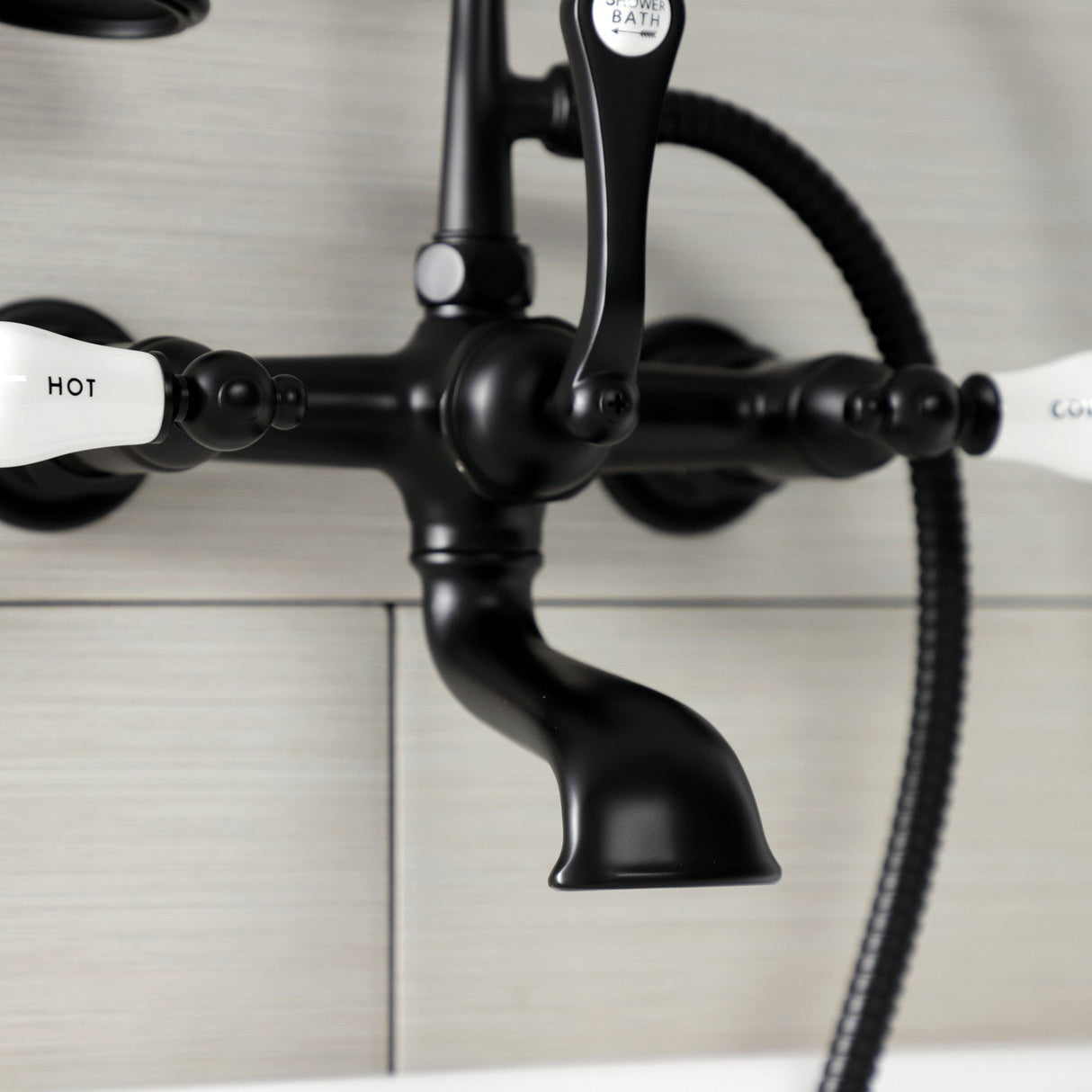 Aqua Vintage AE555T0 Three-Handle 2-Hole Tub Wall Mount Clawfoot Tub Faucet with Hand Shower, Matte Black
