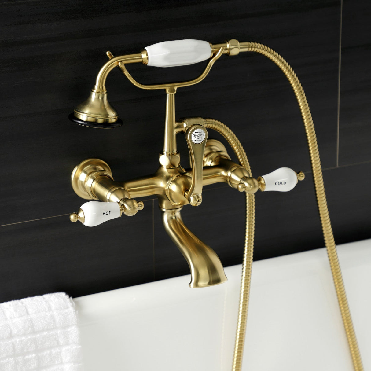 Aqua Vintage AE555T7 Three-Handle 2-Hole Tub Wall Mount Clawfoot Tub Faucet with Hand Shower, Brushed Brass