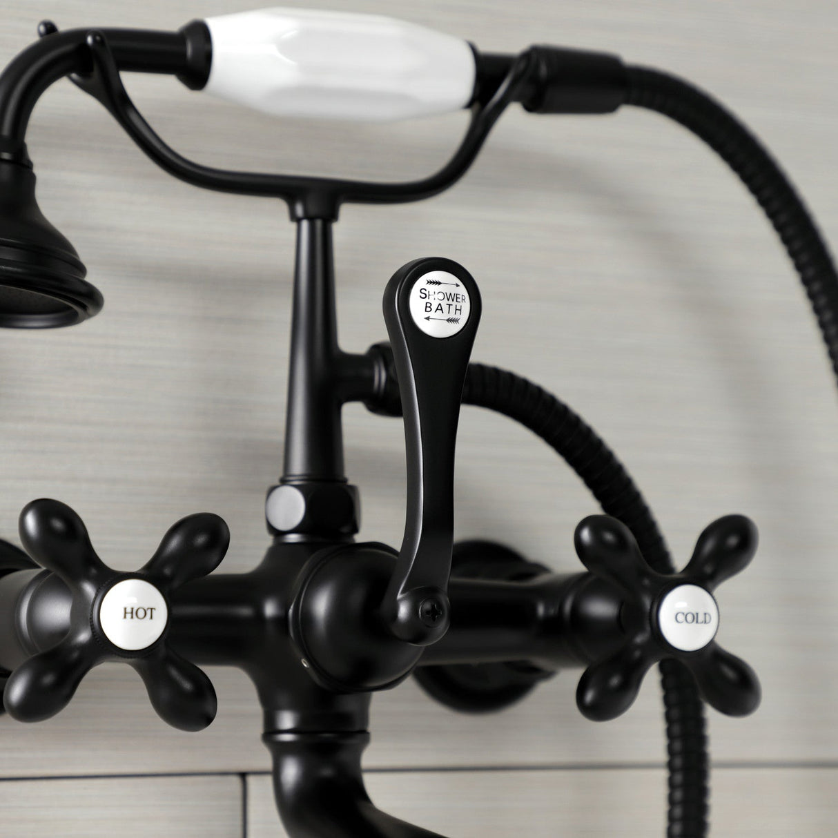 Aqua Vintage AE557T0 Three-Handle 2-Hole Tub Wall Mount Clawfoot Tub Faucet with Hand Shower, Matte Black