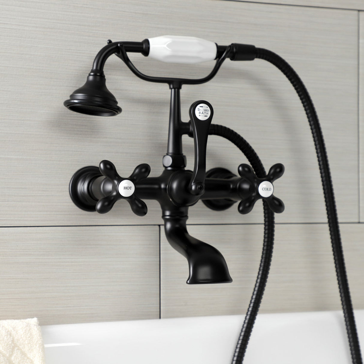 Aqua Vintage AE557T0 Three-Handle 2-Hole Tub Wall Mount Clawfoot Tub Faucet with Hand Shower, Matte Black