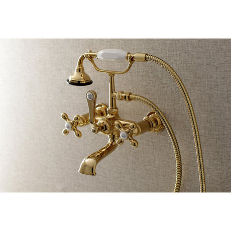 Aqua Vintage AE557T2 Three-Handle 2-Hole Tub Wall Mount Clawfoot Tub Faucet with Hand Shower, Polished Brass