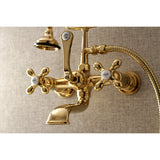 Aqua Vintage AE557T2 Three-Handle 2-Hole Tub Wall Mount Clawfoot Tub Faucet with Hand Shower, Polished Brass