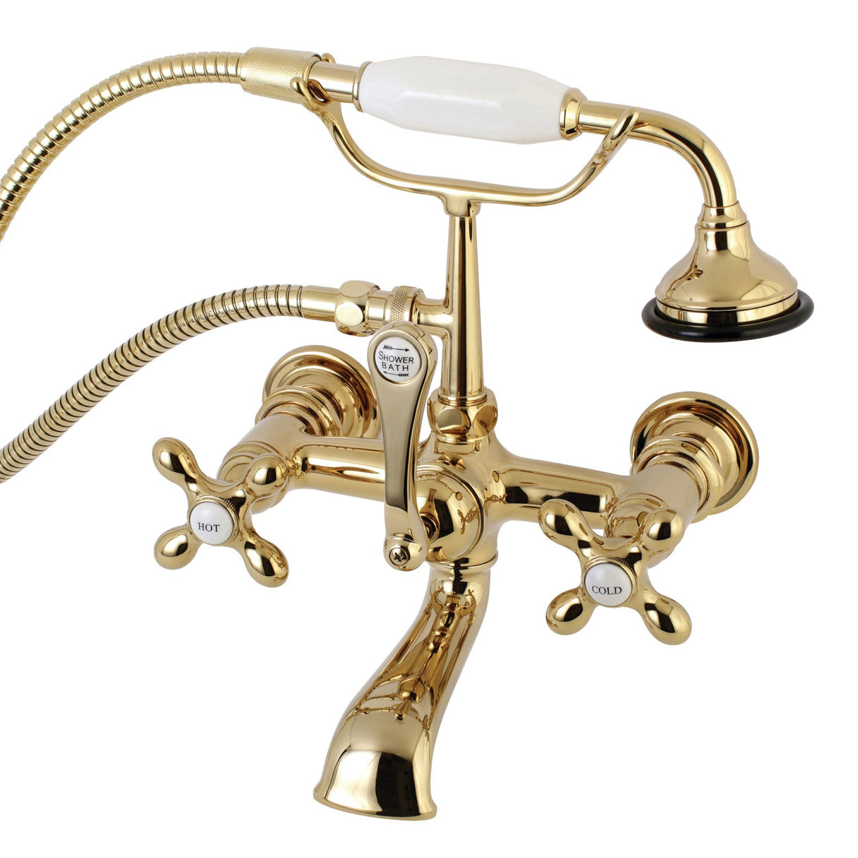 Aqua Vintage AE557T2 Three-Handle 2-Hole Tub Wall Mount Clawfoot Tub Faucet with Hand Shower, Polished Brass