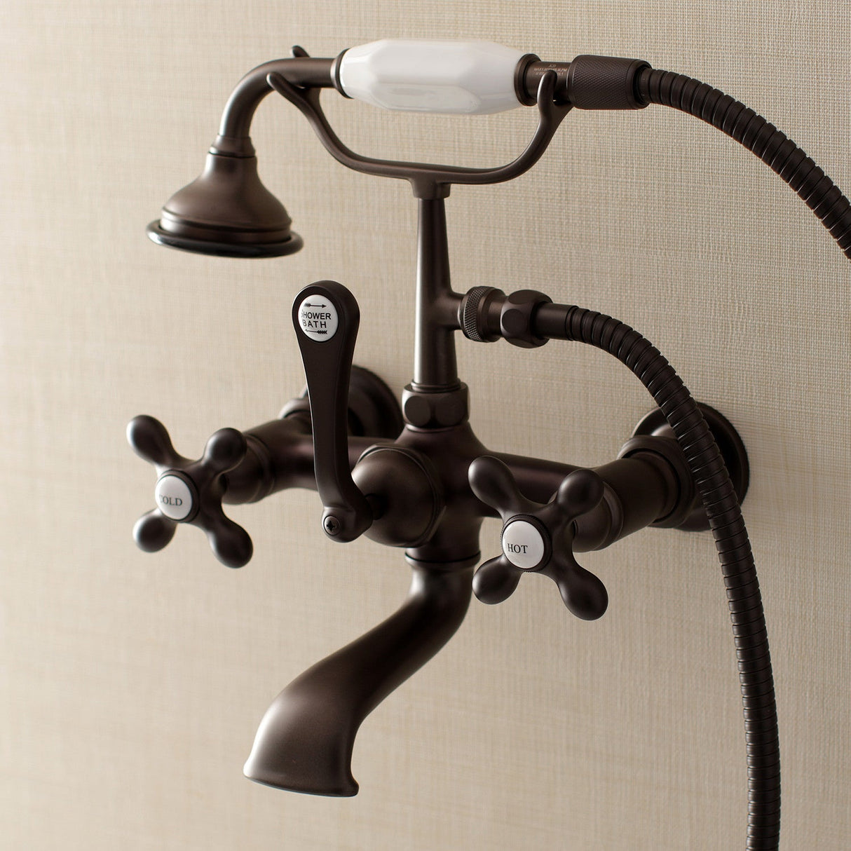 Aqua Vintage AE557T5 Three-Handle 2-Hole Tub Wall Mount Clawfoot Tub Faucet with Hand Shower, Oil Rubbed Bronze