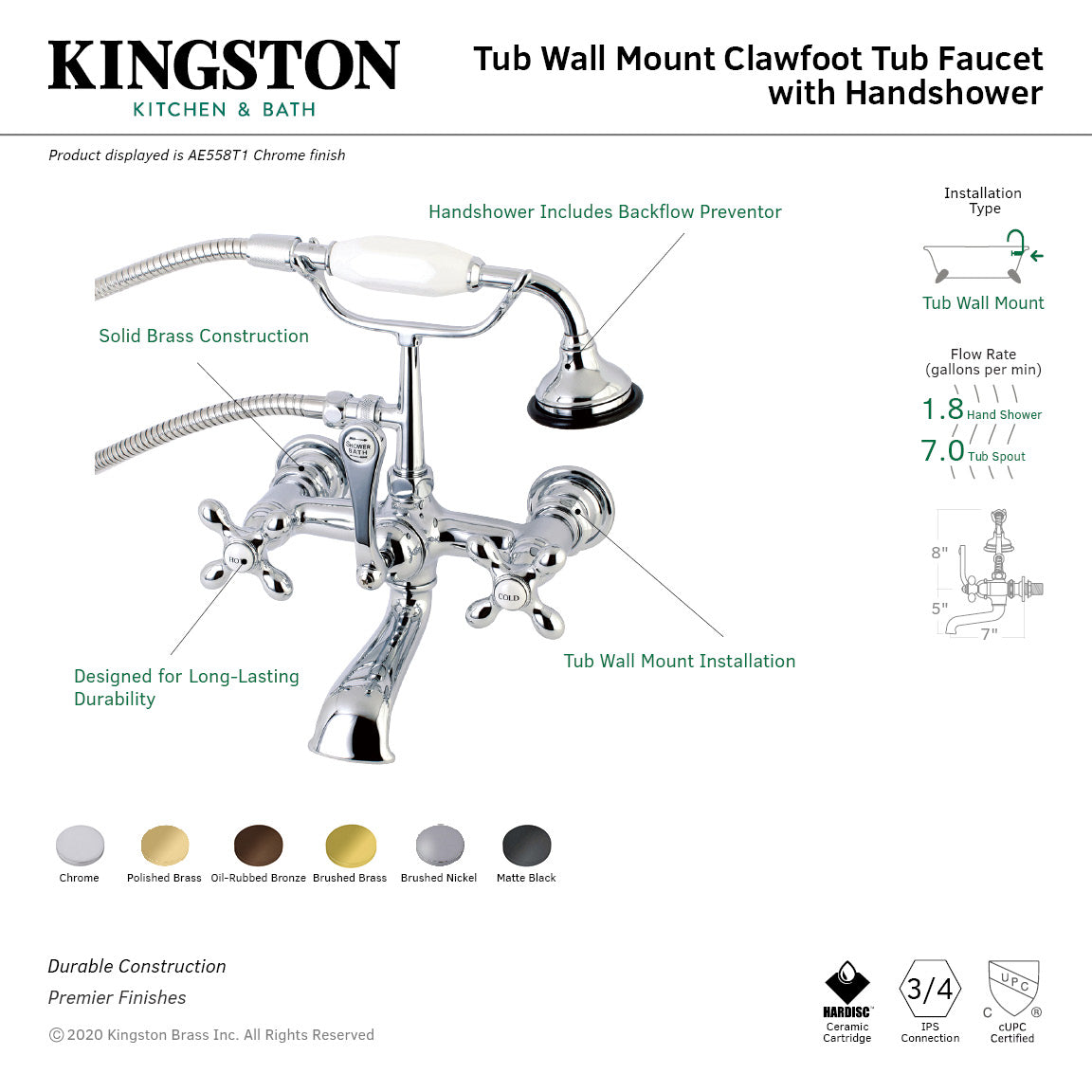 Aqua Vintage AE557T8 Three-Handle 2-Hole Tub Wall Mount Clawfoot Tub Faucet with Hand Shower, Brushed Nickel