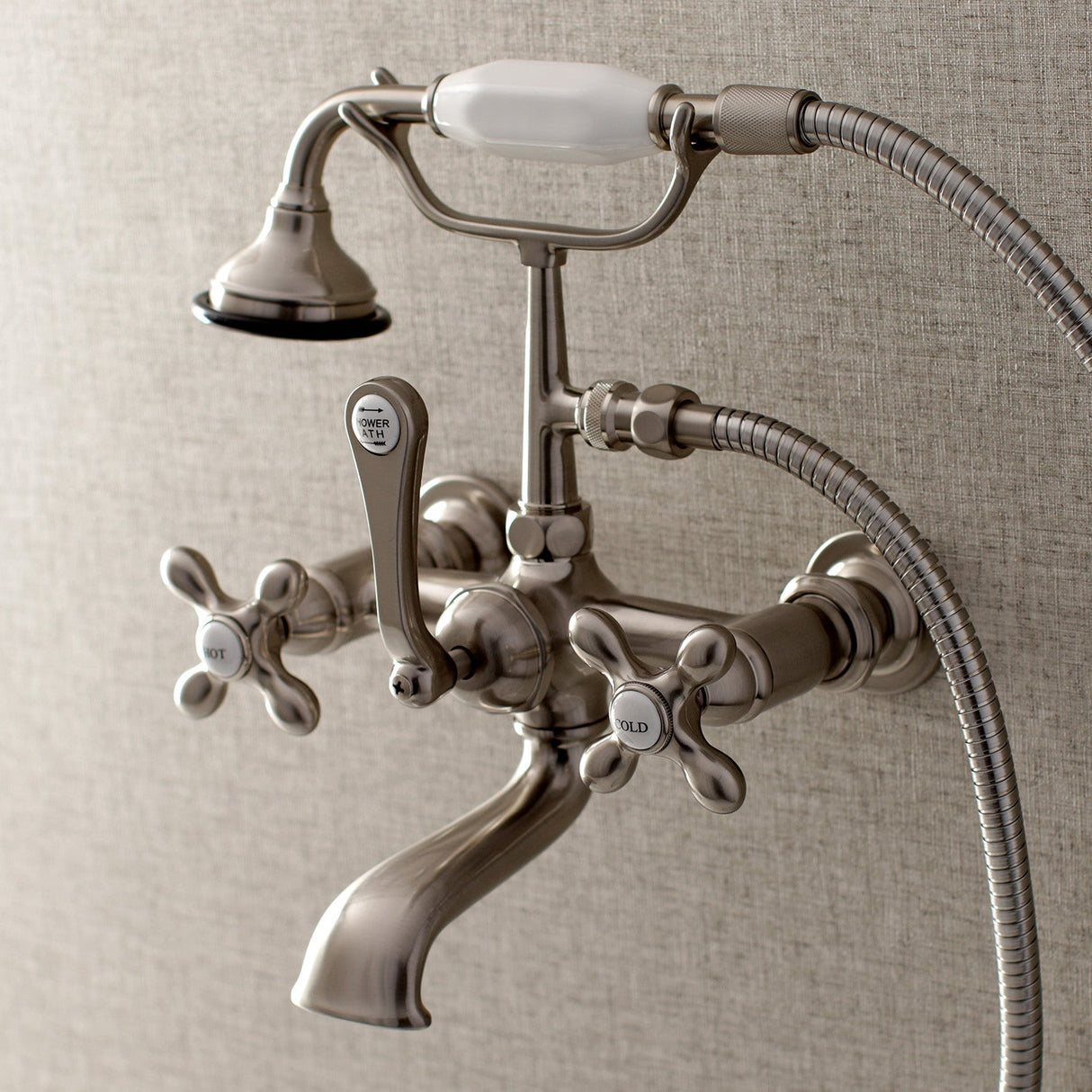 Aqua Vintage AE557T8 Three-Handle 2-Hole Tub Wall Mount Clawfoot Tub Faucet with Hand Shower, Brushed Nickel