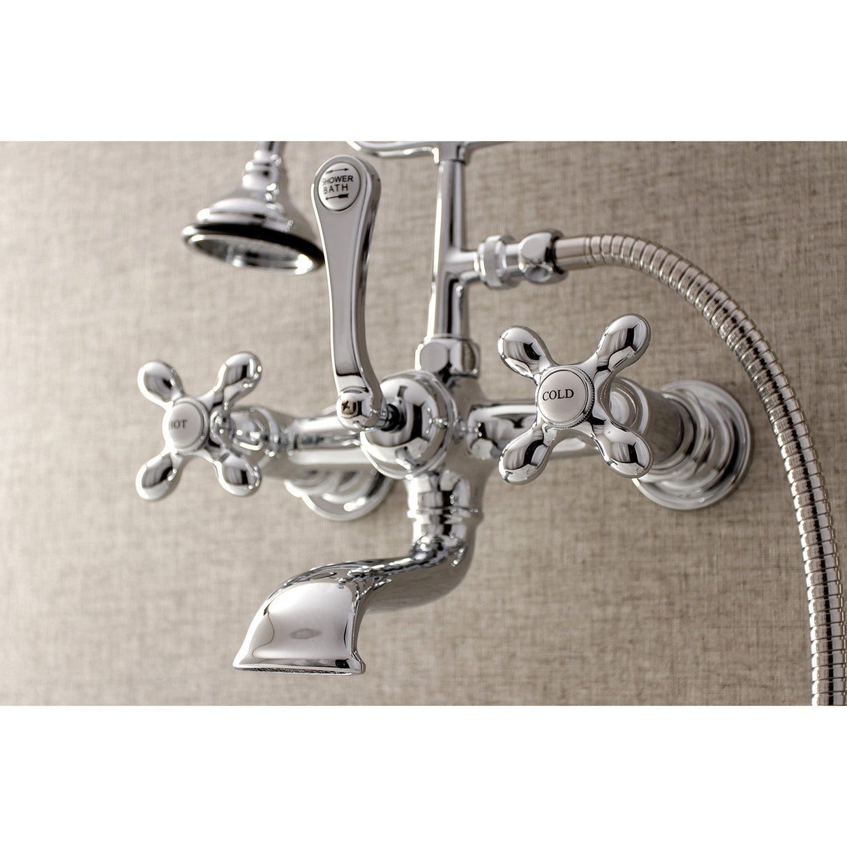 Aqua Vintage AE558T1 Three-Handle 2-Hole Tub Wall Mount Clawfoot Tub Faucet with Hand Shower, Polished Chrome