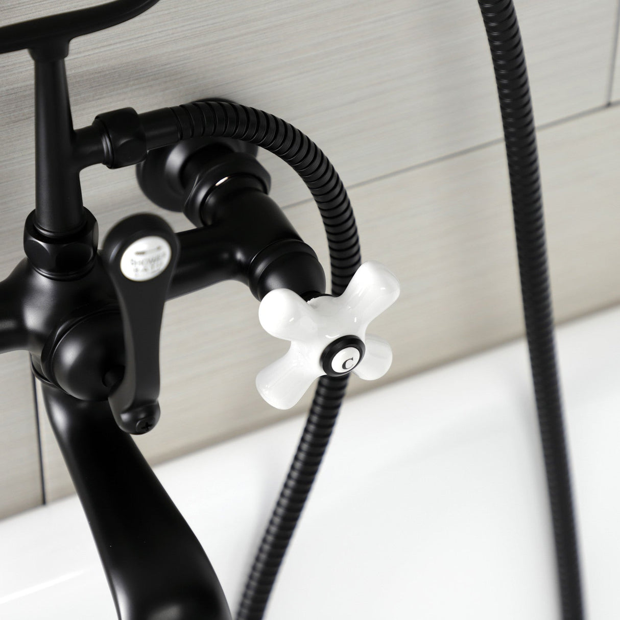 Aqua Vintage AE559T0 Three-Handle 2-Hole Tub Wall Mount Clawfoot Tub Faucet with Hand Shower, Matte Black