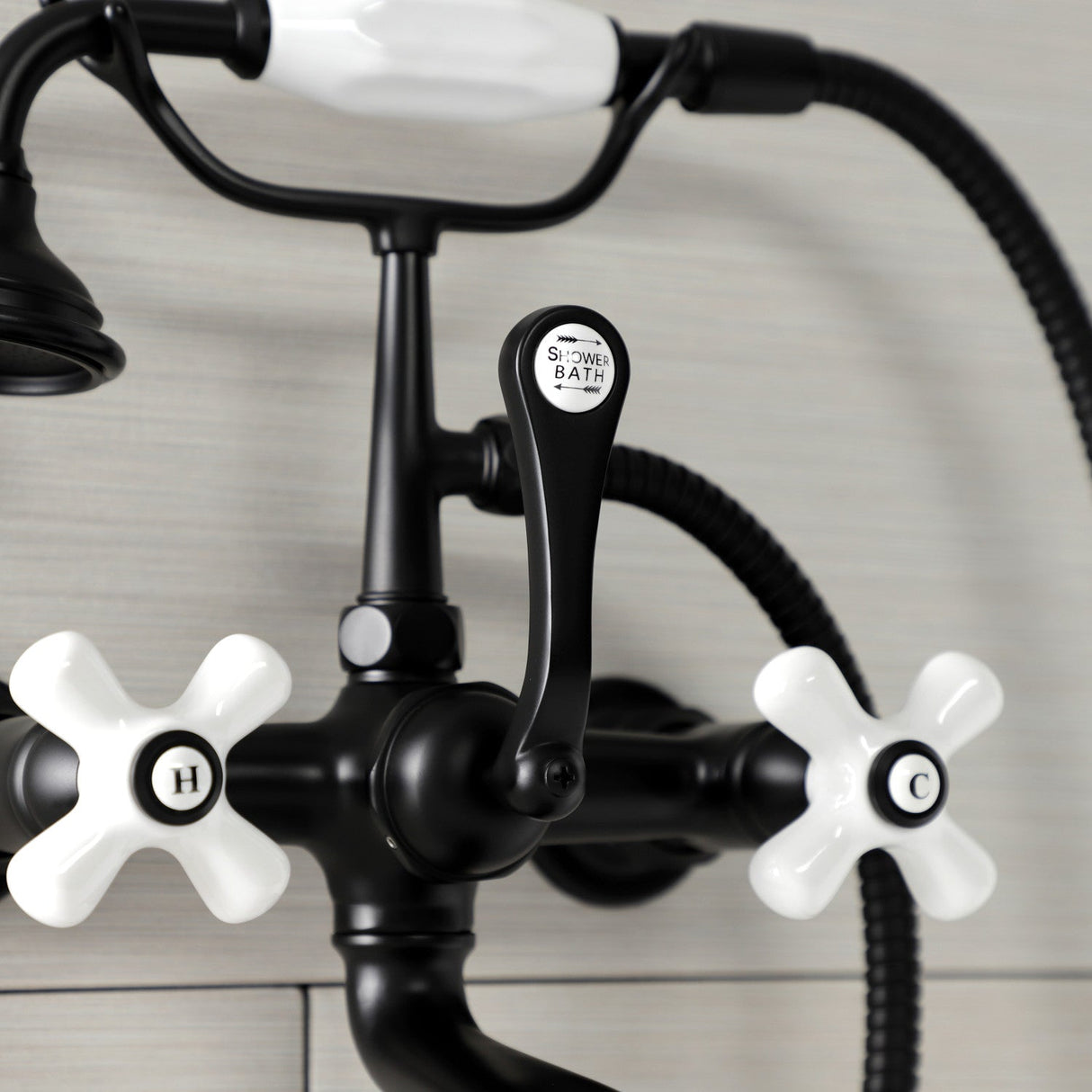 Aqua Vintage AE559T0 Three-Handle 2-Hole Tub Wall Mount Clawfoot Tub Faucet with Hand Shower, Matte Black