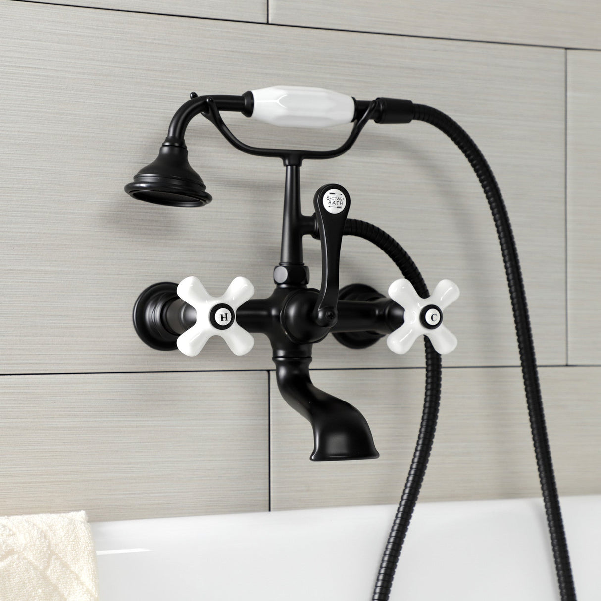 Aqua Vintage AE559T0 Three-Handle 2-Hole Tub Wall Mount Clawfoot Tub Faucet with Hand Shower, Matte Black