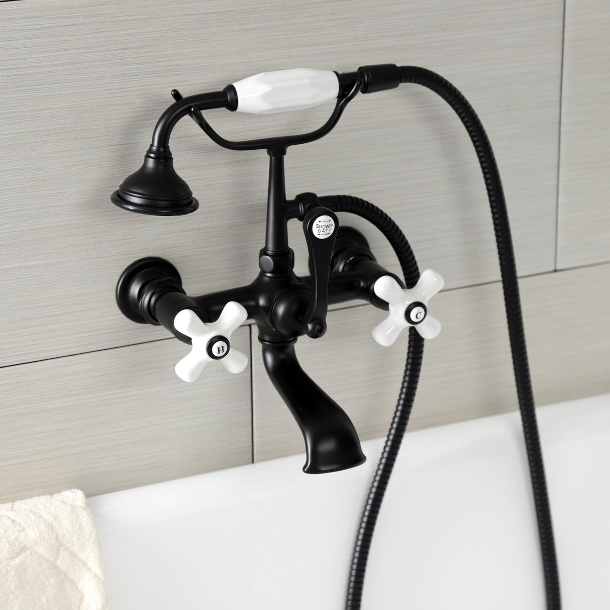 Aqua Vintage AE559T0 Three-Handle 2-Hole Tub Wall Mount Clawfoot Tub Faucet with Hand Shower, Matte Black